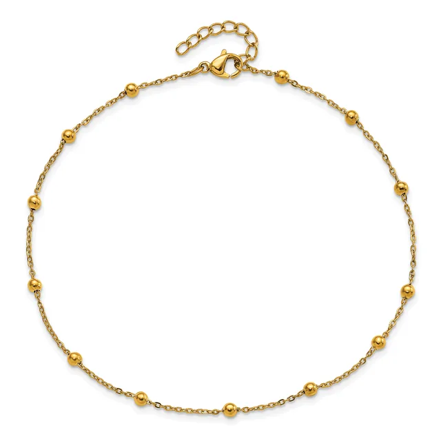Gold-toned chain necklace with evenly spaced small spherical beads throughout, featuring an adjustable chain with lobster clasp closure.