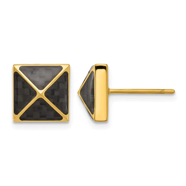 Pair of gold stud earrings with black onyx square faces featuring gold X-pattern dividers, shown from front and side views.