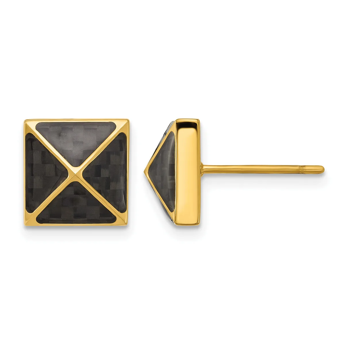 Pair of gold stud earrings with black onyx square faces featuring gold X-pattern dividers, shown from front and side views.