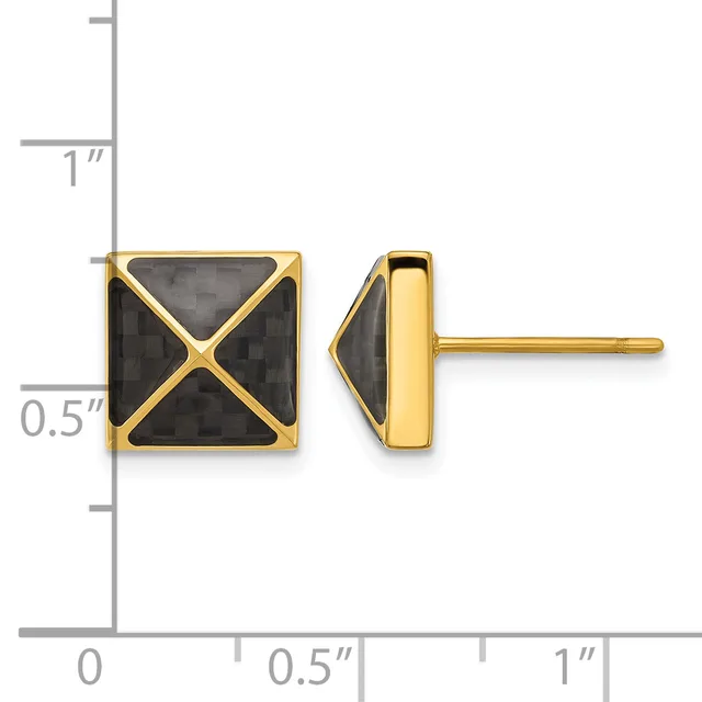 Gold-tone square stud earrings with black onyx stone centers and diagonal gold crosshatch pattern, shown front and side view with measurement scale.