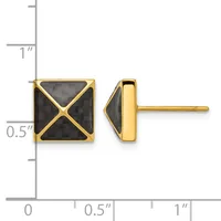 Gold-tone square stud earrings with black onyx stone centers and diagonal gold crosshatch pattern, shown front and side view with measurement scale.
