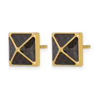 A pair of square gold cufflinks with black onyx centers divided by gold X-shaped crossing bands, shown from the front.
