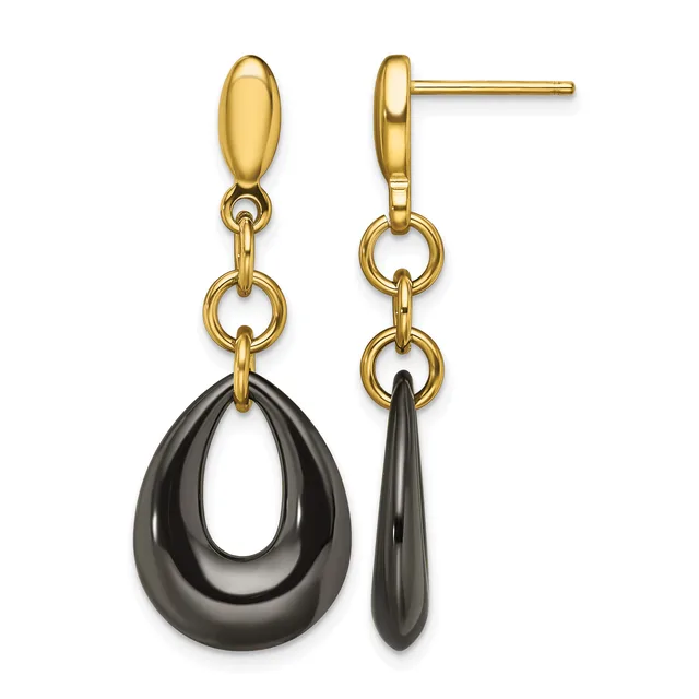 Pair of gold and hematite drop earrings with oval posts, small gold rings, and polished teardrop-shaped hematite pendants shown from front and side views.