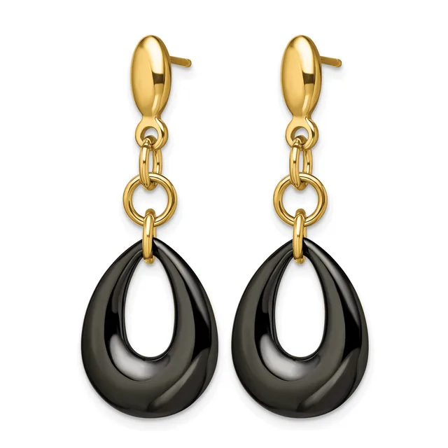 Pair of gold-toned stud earrings with polished black teardrop-shaped pendants hanging from circular connectors.