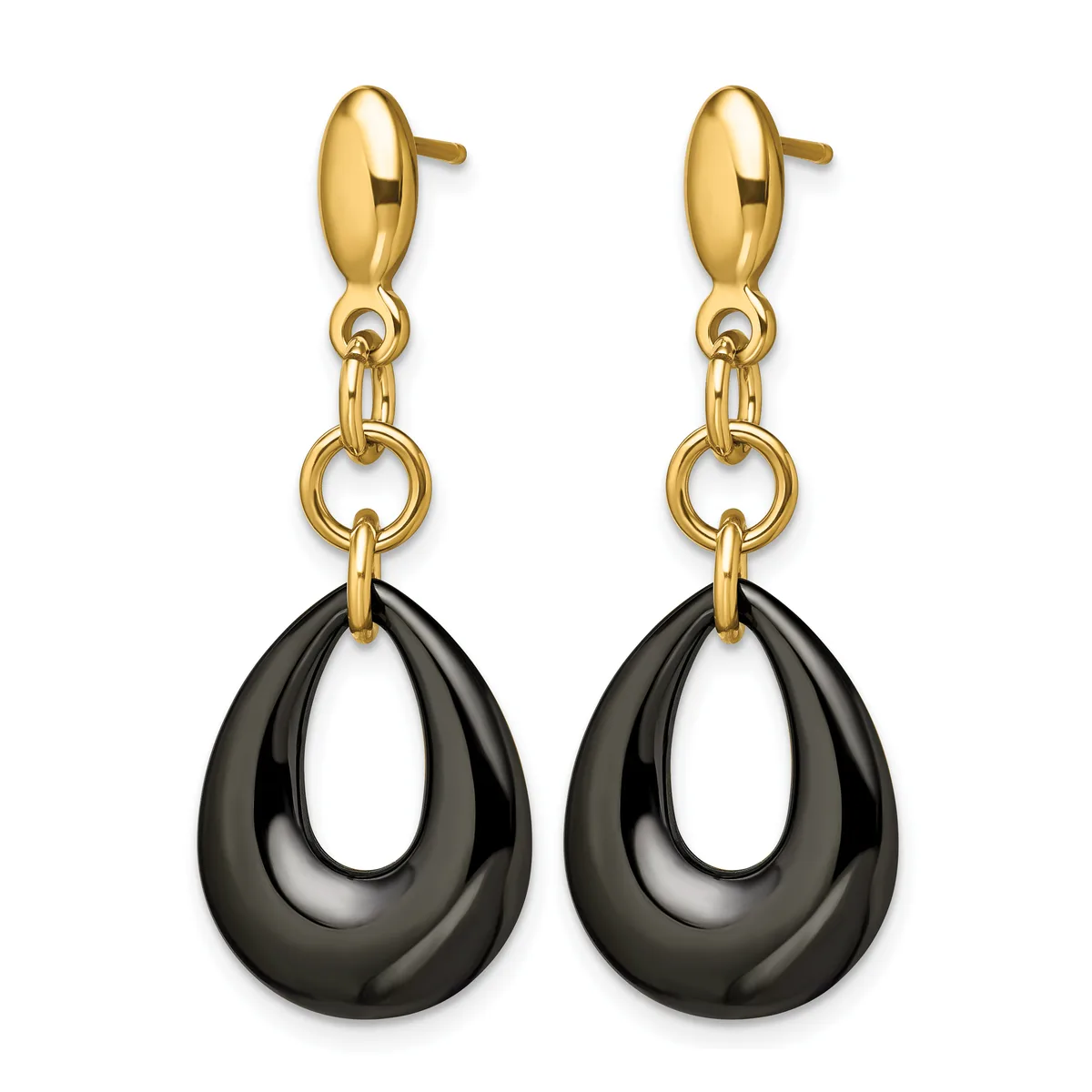 Pair of gold-toned stud earrings with polished black teardrop-shaped pendants hanging from circular connectors.