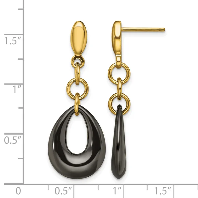 Gold-plated post earrings with polished black teardrop pendants, shown next to a measurement ruler indicating approximately 1.5 inches in length.