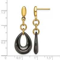 Gold-plated post earrings with polished black teardrop pendants, shown next to a measurement ruler indicating approximately 1.5 inches in length.