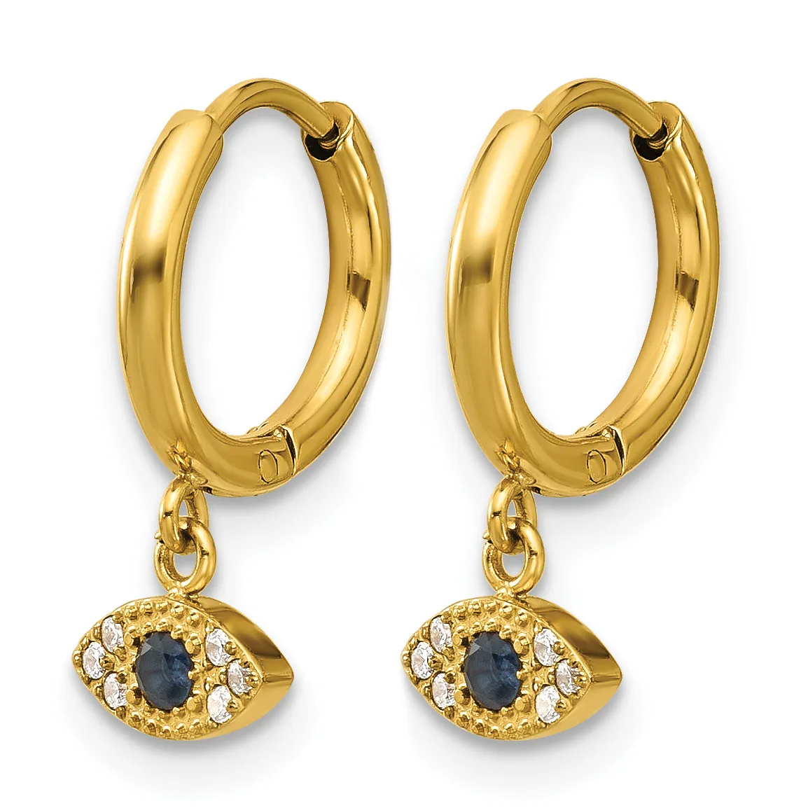 Pair of gold hoop earrings with dangling evil eye charms featuring dark blue center stones surrounded by white crystals.