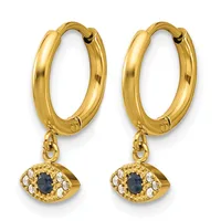 Pair of gold hoop earrings with dangling evil eye charms featuring dark blue center stones surrounded by white crystals.