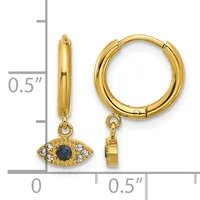 Gold-toned hoop earrings with dangling evil eye charms featuring dark blue center stones surrounded by white crystals, shown with a measurement scale indicating 0.5 inch length.
