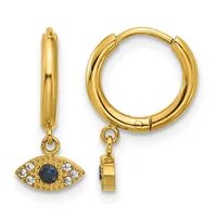 Gold hoop earrings with dangling evil eye charms featuring a blue sapphire center stone surrounded by white diamonds, shown from front and side views.