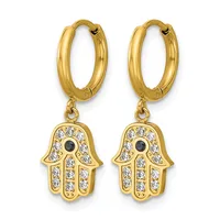 Pair of gold hoop earrings with hamsa hand charms decorated with white and black gemstones.