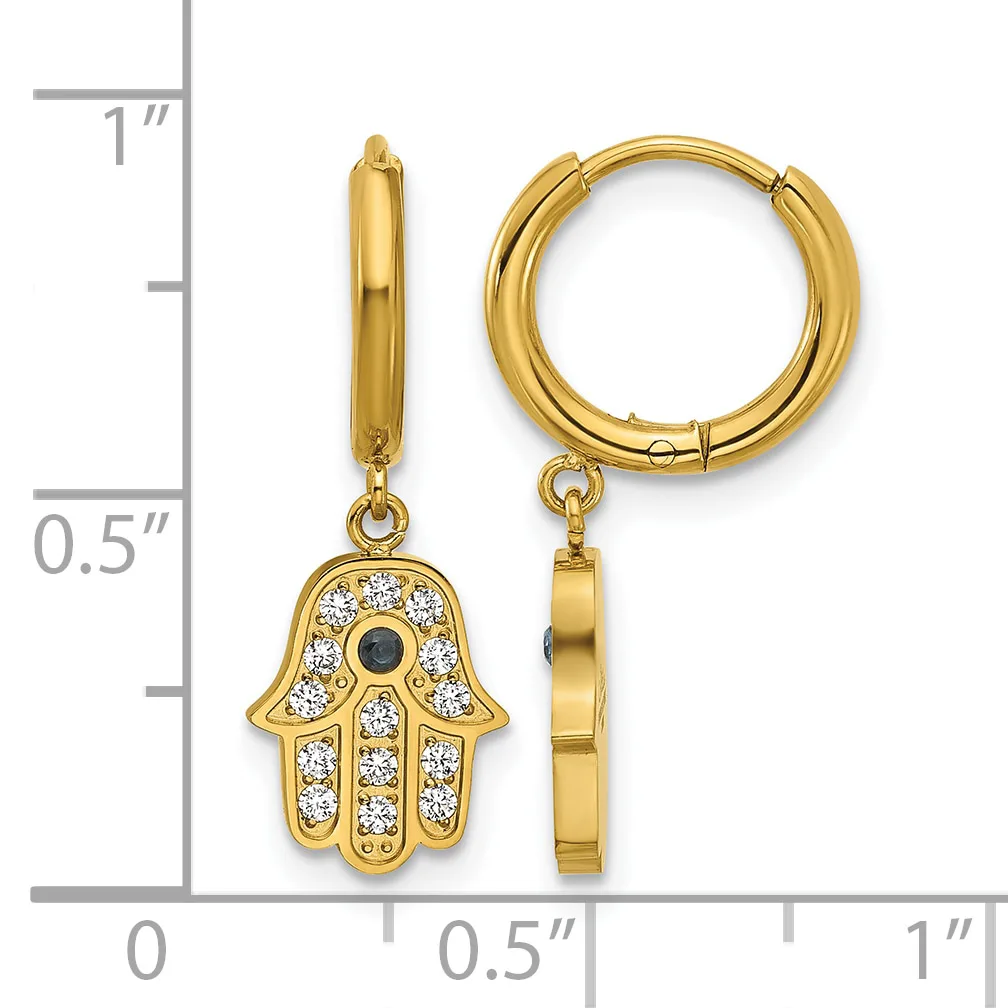 Gold-toned hoop earrings with detachable hamsa hand charms featuring cubic zirconia stones and a small dark stone in the center, shown next to a measurement scale.