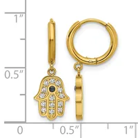 Gold-toned hoop earrings with detachable hamsa hand charms featuring cubic zirconia stones and a small dark stone in the center, shown next to a measurement scale.
