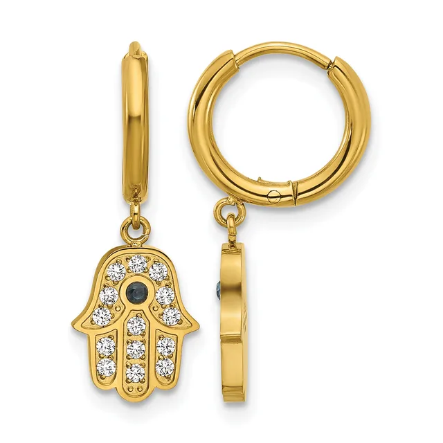 Pair of gold hoop earrings with hamsa hand charms featuring white and black stones arranged in a decorative pattern.