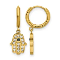 Pair of gold hoop earrings with hamsa hand charms featuring white and black stones arranged in a decorative pattern.