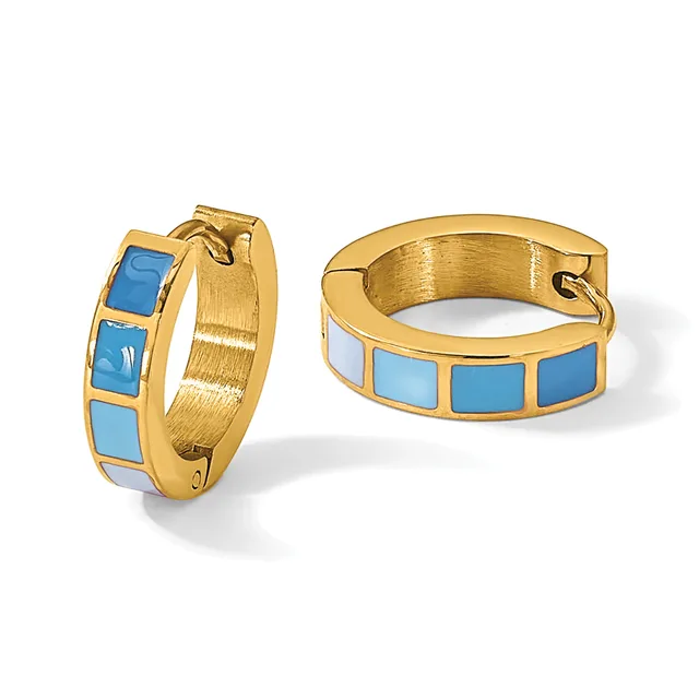 A pair of gold-toned hoop earrings with turquoise stone inlays arranged in rectangular sections, shown from front and side angles.