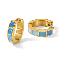 A pair of gold-toned hoop earrings with turquoise stone inlays arranged in rectangular sections, shown from front and side angles.