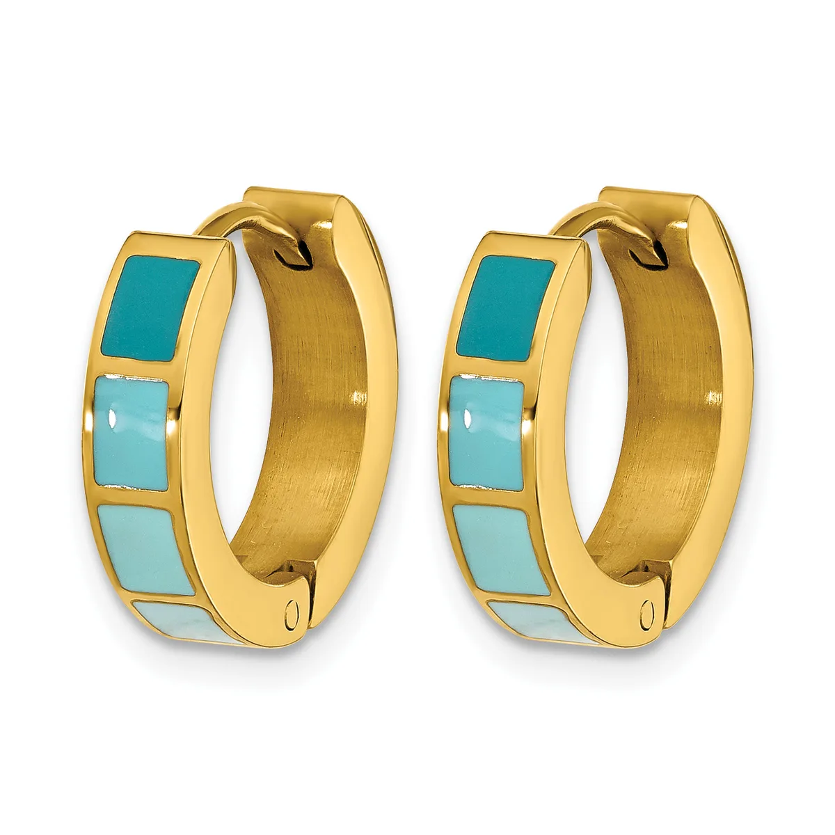 A pair of gold-toned hoop earrings with turquoise and light blue square stone inlays arranged in alternating pattern, shown from front and back views.