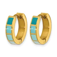 A pair of gold-toned hoop earrings with turquoise and light blue square stone inlays arranged in alternating pattern, shown from front and back views.