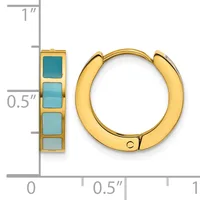 Gold hoop earrings with turquoise stone accents shown next to a ruler for scale, measuring approximately one inch in length.