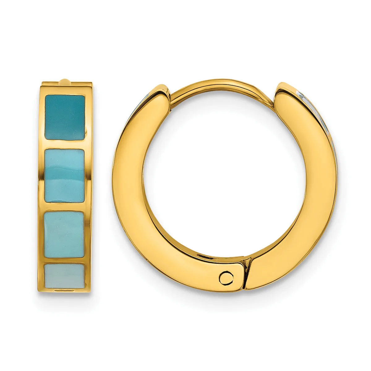 Gold-toned hoop earrings with a polished finish displayed next to a gold-toned rectangular earring featuring four turquoise stone inlays.