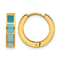 Gold-toned hoop earrings with a polished finish displayed next to a gold-toned rectangular earring featuring four turquoise stone inlays.
