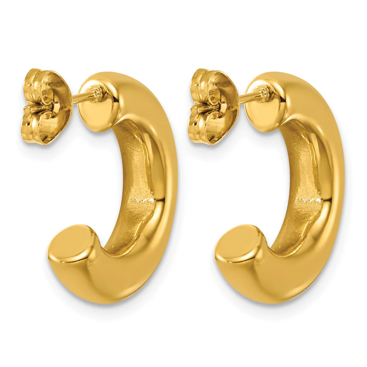 A pair of polished gold chunky hoop earrings with curved tubing and post-and-clutch backs, shown from the front and side angles.