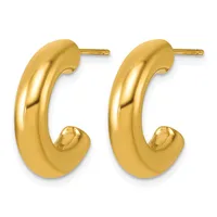 A pair of polished gold-colored chunky curved hoop earrings with posts and backs, displayed against a white background.