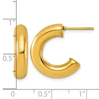 Polished gold-tone chunky curved hoop earrings with posts and backs, displayed against a measurement scale showing approximately one inch in length and half inch in width.