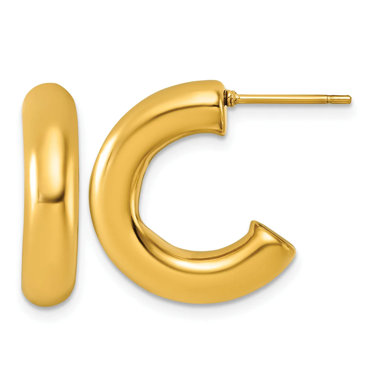 Pair of polished gold-toned hoop earrings with posts and backs, displayed against a white background.