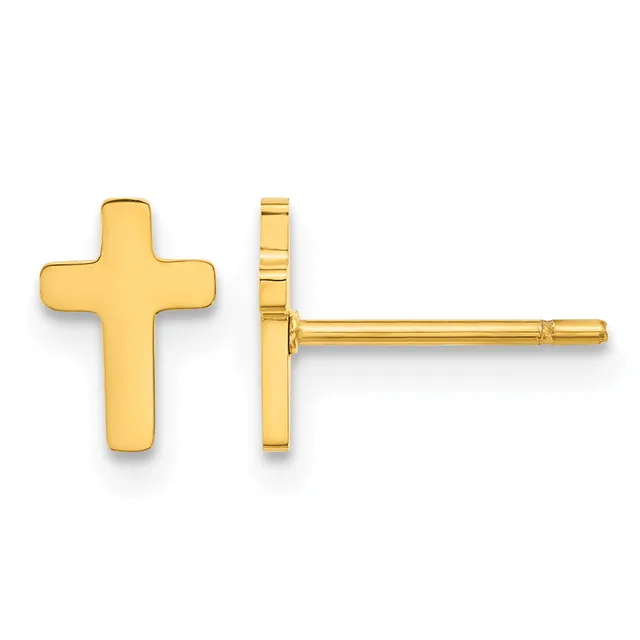 Pair of gold cross-shaped stud earrings shown from front and side views, displaying the polished finish and post backing.