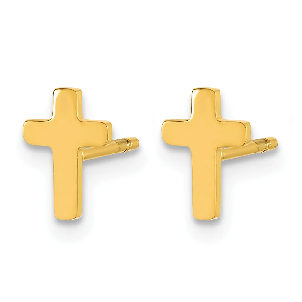 A pair of gold cross-shaped stud earrings with post and clutch backs, displayed against a white background.