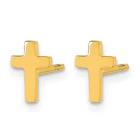 A pair of gold cross-shaped stud earrings with post and clutch backs, displayed against a white background.