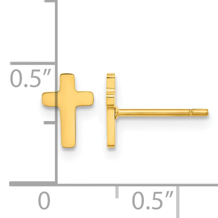 A pair of gold cross stud earrings shown from front and side views with a measurement scale indicating 0.5 inches in height.
