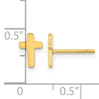 A pair of gold cross stud earrings shown from front and side views with a measurement scale indicating 0.5 inches in height.