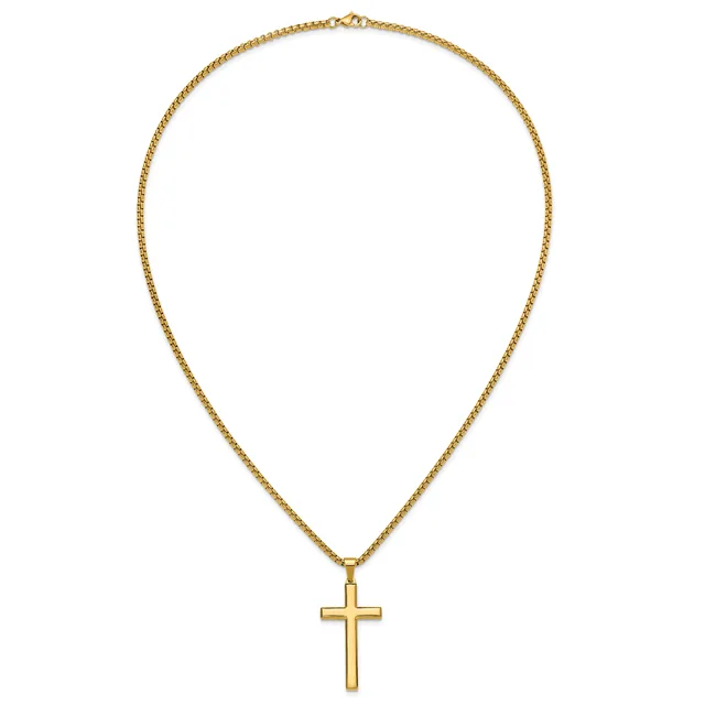 Gold-toned chain necklace with a polished cross pendant displayed against a white background.