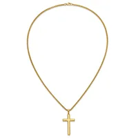 Gold-toned chain necklace with a polished cross pendant displayed against a white background.