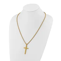 Gold-toned cross pendant hanging from a gold-toned chain necklace, displayed on a white mannequin bust.
