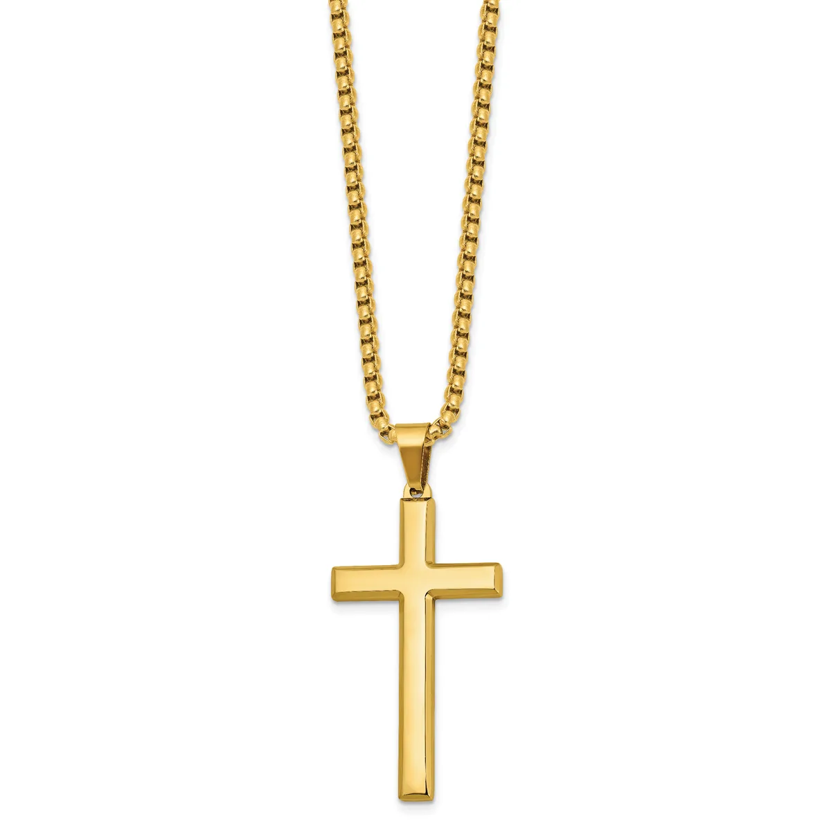 Gold-toned cross pendant hanging from a gold-toned box chain necklace against a white background.