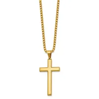 Gold-toned cross pendant hanging from a gold-toned box chain necklace against a white background.