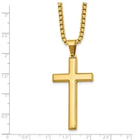 Gold-toned cross pendant on a gold box chain necklace, displayed against a ruler showing the cross is approximately 1.5 inches tall.