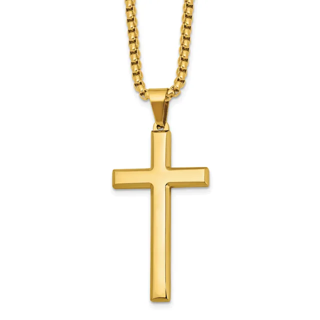 A gold-toned cross pendant hanging from a matching box chain necklace against a white background.