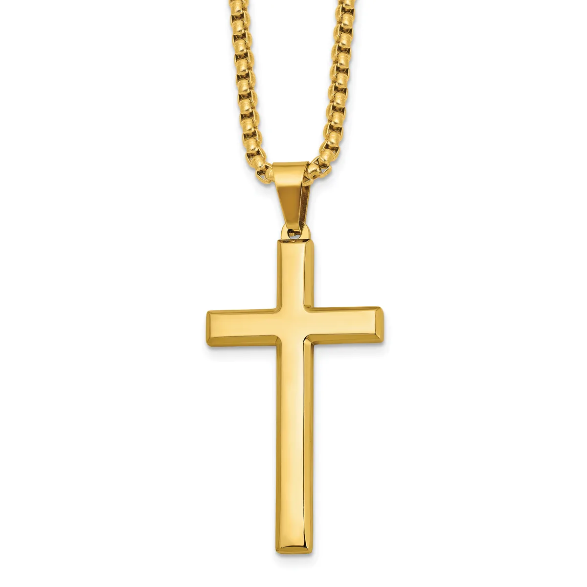A gold-toned cross pendant hanging from a matching box chain necklace against a white background.
