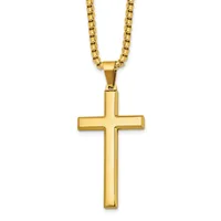 A gold-toned cross pendant hanging from a matching box chain necklace against a white background.