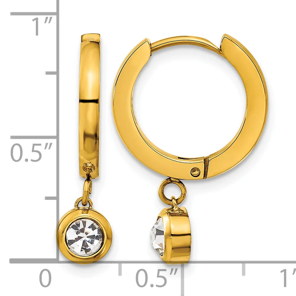 Pair of gold-toned huggie hoop earrings with detachable round cubic zirconia charms, shown next to a measurement scale.
