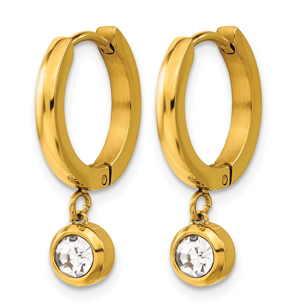 A pair of gold-toned hoop earrings with dangling round charms set with clear crystals, shown against a white background.