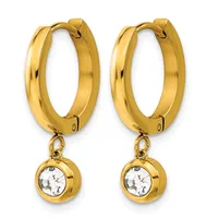 A pair of gold-toned hoop earrings with dangling round charms set with clear crystals, shown against a white background.