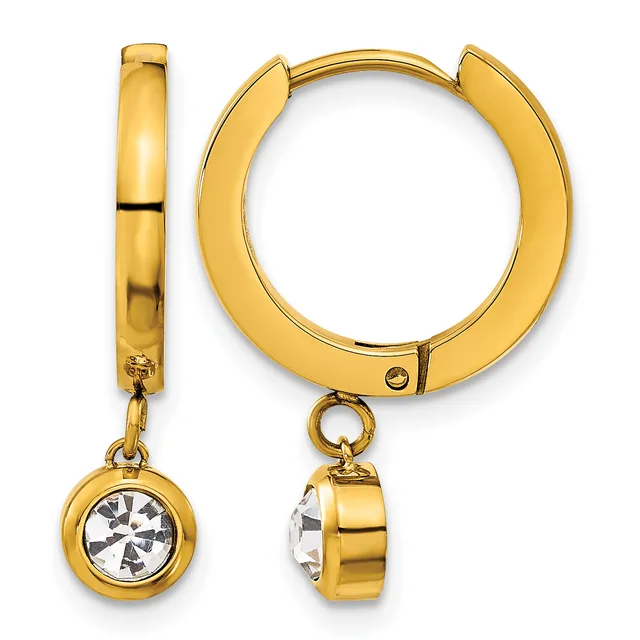 A pair of gold-toned huggie hoop earrings with dangling round bezels set with clear cubic zirconia, shown from front and side views.