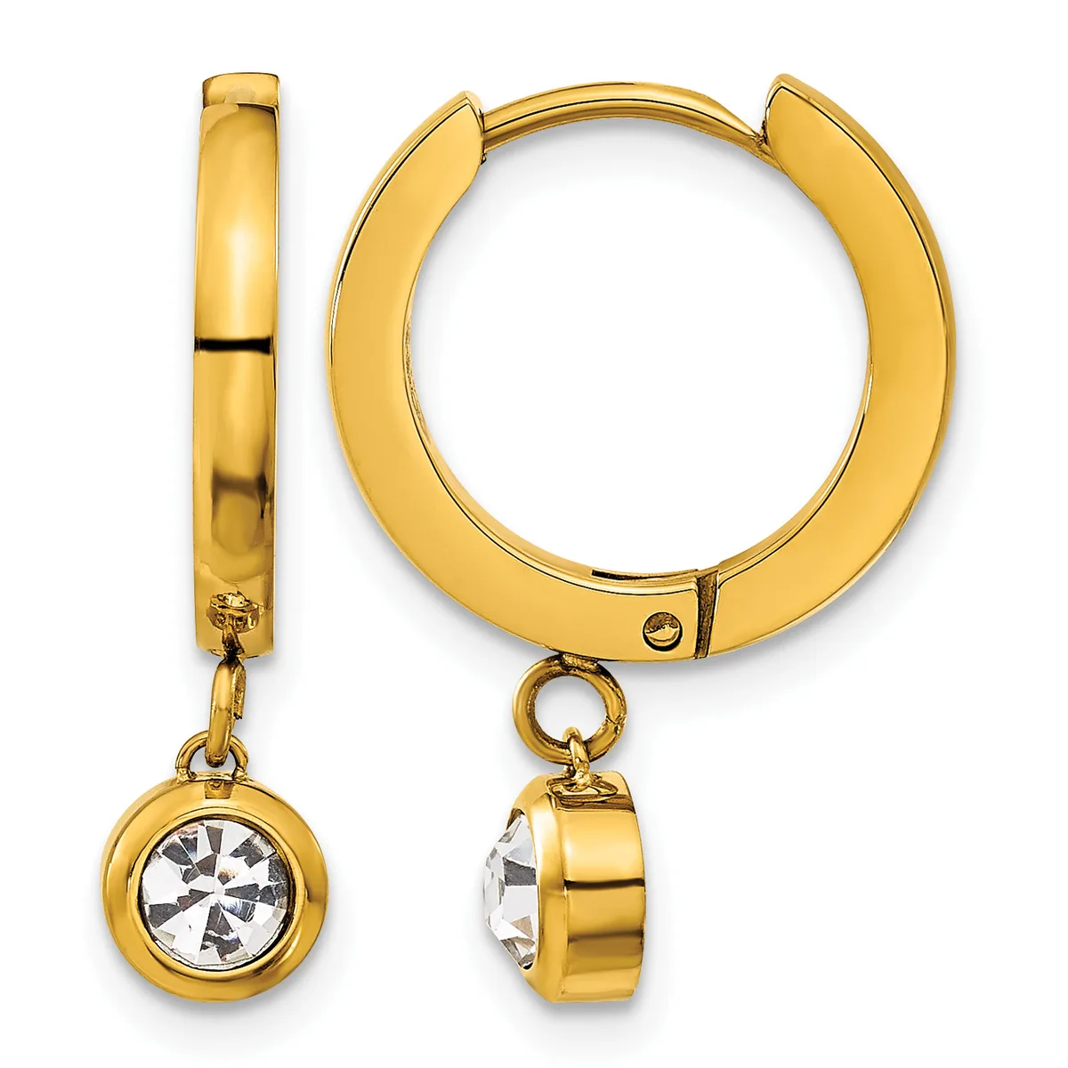 A pair of gold-toned huggie hoop earrings with dangling round bezels set with clear cubic zirconia, shown from front and side views.